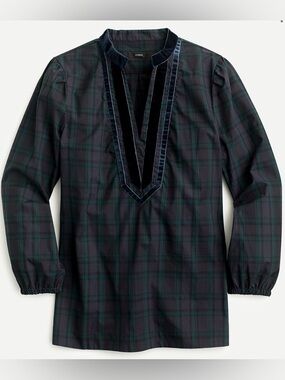 J Crew Velvet-Trim V-Neck Tunic Top in Black Stewart Tartan Plaid Size Medium